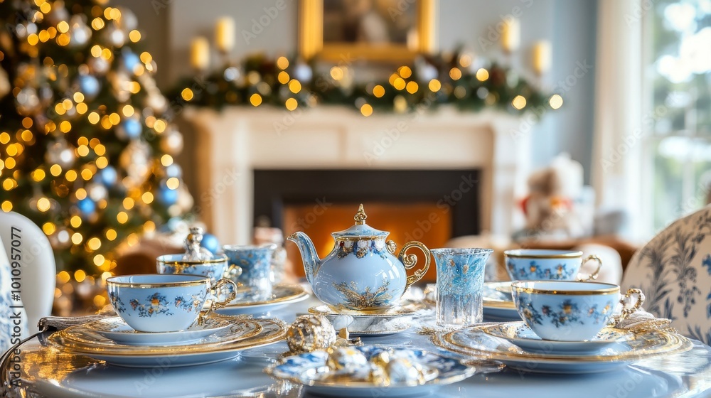 Christmas feast with decorated dishes with Christmas tree Christmas feast with decorated dishes with Christmas tree