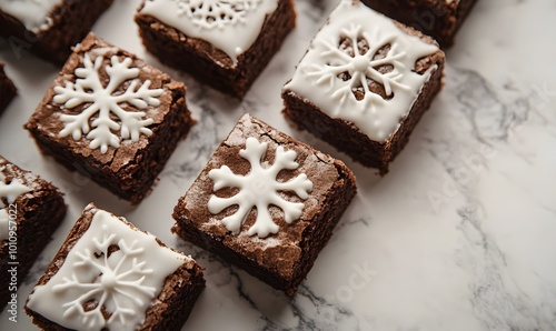 Chocolate brownies with white icing and Christmas tree, Generative AI 