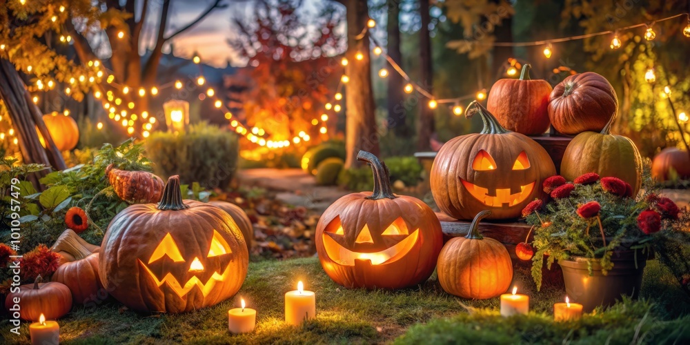 Obraz premium Glowing carved pumpkins illuminate the autumn garden, embodying the spirit of Halloween on a cozy evening filled with