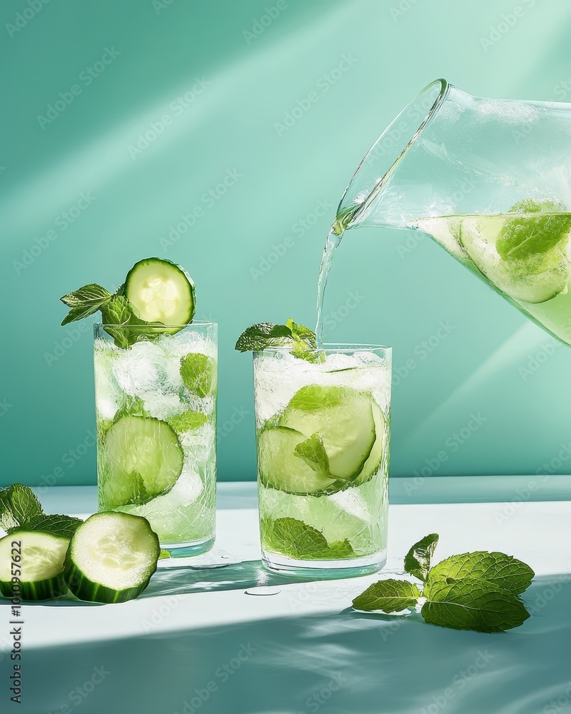 Fotografie Refreshing cucumber mint drinks served with ice, garnished with mint leaves