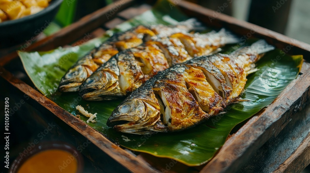 Fried fish presented on a banana leaf-lined wooden tray Fried fish presented on a banana leaf-lined wooden tray