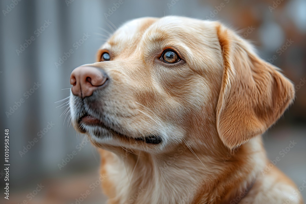 Close-up A Labrador Retriever dog, surrounded by autumn leaves, showcasing a warm and serene expression. Close-up A Labrador Retriever dog, surrounded by autumn leaves, showcasing a warm and serene expression.