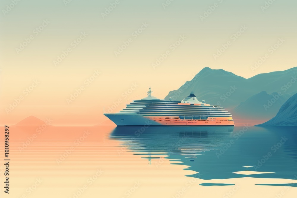 Sleek cruise ship floating on calm waters during sunset reflecting serene pastel colors of sky capturing beauty and elegance of sea voyage, minimalistic illustration Sleek cruise ship floating on calm waters during sunset reflecting serene pastel colors of sky capturing beauty and elegance of sea voyage, minimalistic illustration