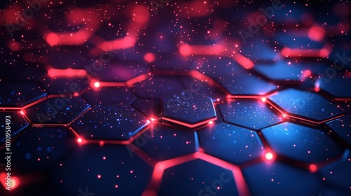 Abstract hexagonal structure illuminated by red and blue lights, creating a futuristic and dynamic background effect.