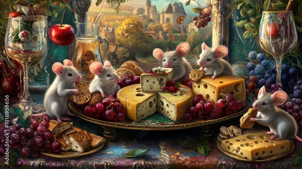 Naklejka premium A delightful scene of mice feasting on various cheeses, artfully displayed on a platter with a colorful and playful backdrop.