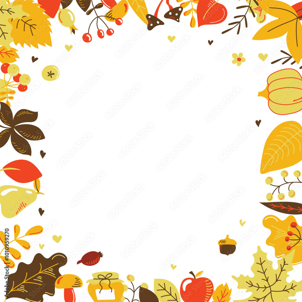 Beautiful square frame with various plants. Bright autumn seamless pattern. Autumn. Bright colors. Hand-drawn. Vector illustration Beautiful square frame with various plants. Bright autumn seamless pattern. Autumn. Bright colors. Hand-drawn. Vector illustration