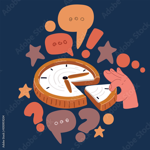 Cartoon vector illustration of a hand extracting a segment of time from a clock, concept of time management and manipulation