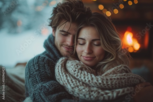 Smiling couple in warm clothing embracing and enjoying cozy moment by fireplace radiating warmth and joy, couple reflecting happiness of being together in love nest