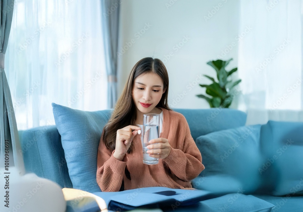 A woman sits on a couch holding a glass of water and a pill. A woman sits on a couch holding a glass of water and a pill.