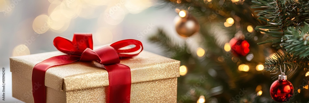 Gold Gift Box with Red Ribbon Under Christmas Tree