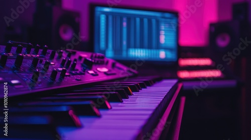 A vibrant music studio setup featuring a keyboard and digital audio workstation.