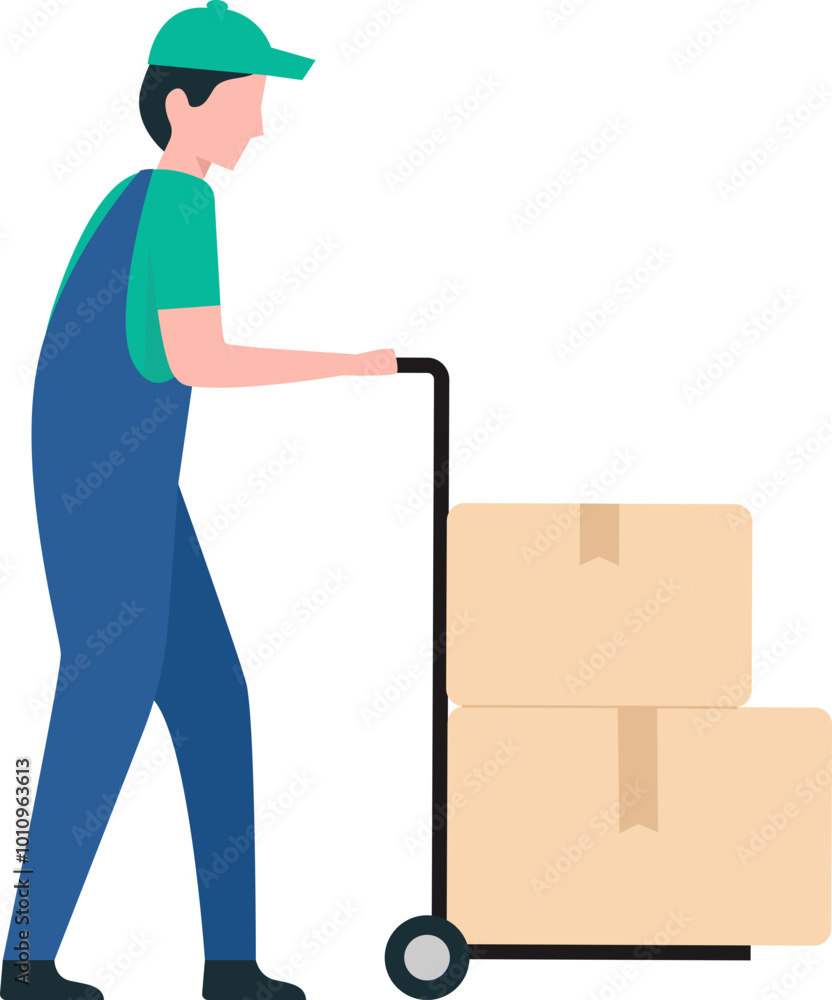 Worker Pushing Cart with Boxes in a Warehouse Setting. Worker Pushing Cart with Boxes in a Warehouse Setting.