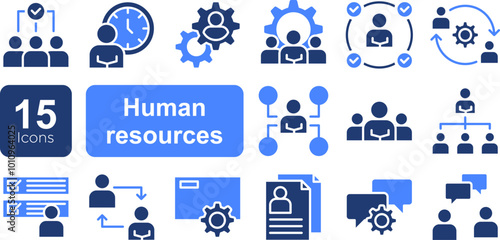 Human resources related icon set. Recruitment, office management and company structure line vector icons.