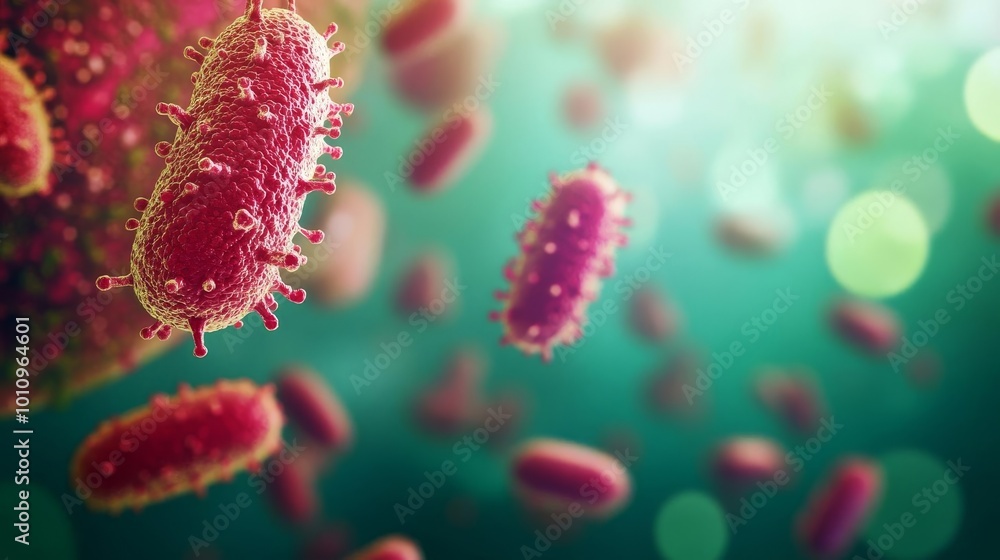 Bacterial growth on biohazard material, contamination risk, 3D rendering Bacterial growth on biohazard material, contamination risk, 3D rendering