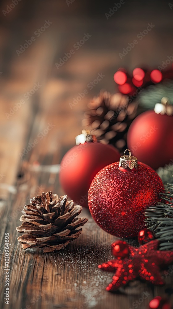 Red Christmas Ornaments with Pine Cones on Wooden Table Red Christmas Ornaments with Pine Cones on Wooden Table