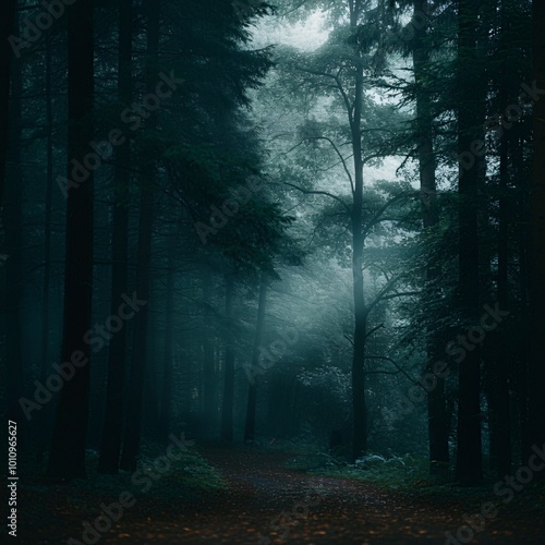 Mysterious forest with mist and glowing light