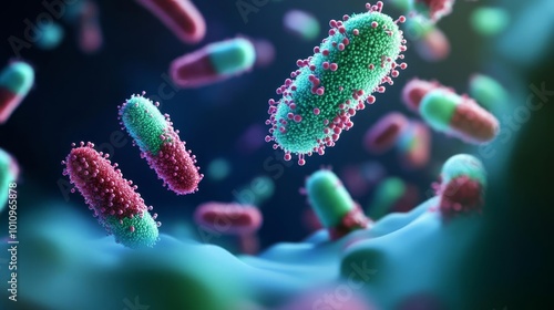 Bacterial quorum sensing, communication in colonies, 3D illustration photo