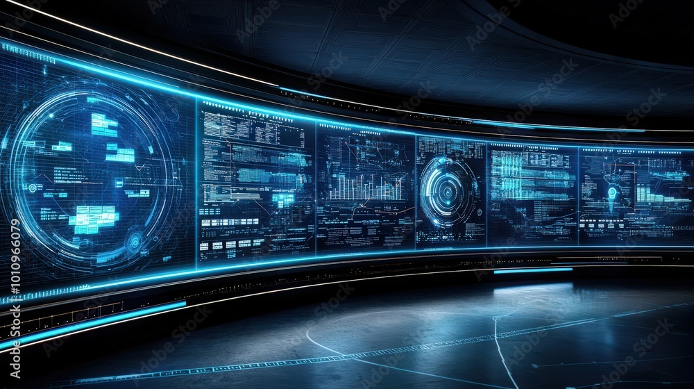 A computer monitor displays a series of screens with blue and white colors A computer monitor displays a series of screens with blue and white colors