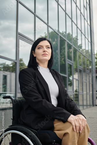 A woman in a wheelchair sits outside a modern building, looking confidently towards the horizon.