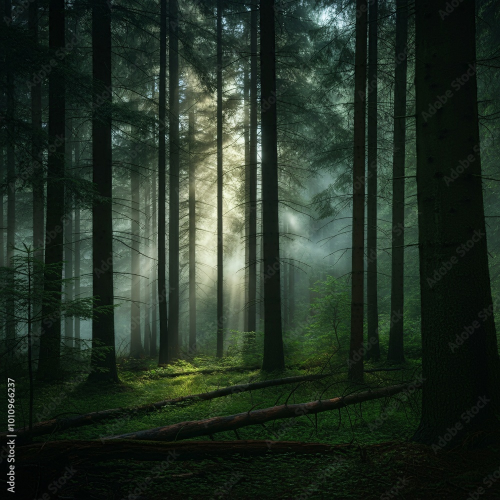 Obraz premium Mysterious forest with mist and glowing light