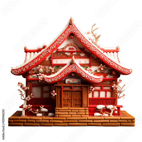 A beautifully crafted gingerbread house designed in traditional Japanese architecture with red accents, ornate details, and delicate white icing