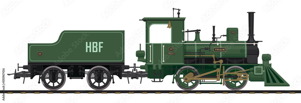 Φωτογραφία vector illustration of vintage railway steam locomotive with coal wagon in carto