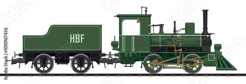 vector illustration of vintage railway steam locomotive with coal wagon in cartoon style