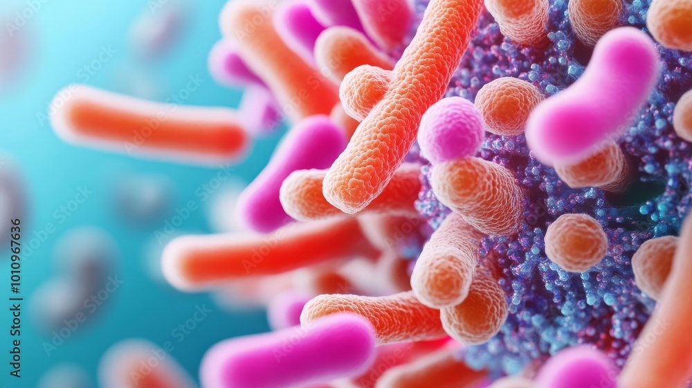 Biofilm under microscope, prokaryotic communities, 3D rendering Biofilm under microscope, prokaryotic communities, 3D rendering