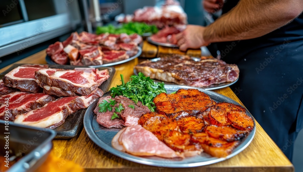 Variety of High-Quality Meat Products Displayed on Wooden Tables, Including Steaks and Roast Beef Variety of High-Quality Meat Products Displayed on Wooden Tables, Including Steaks and Roast Beef