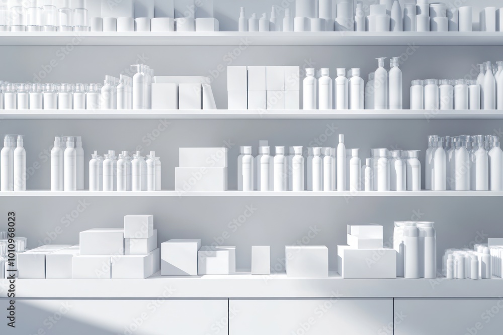 White Shelves With Bottles and Boxes White Shelves With Bottles and Boxes