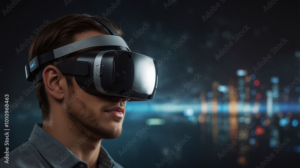 Man Exploring Virtual Reality with Advanced VR Headset in Futuristic City Setting Man Exploring Virtual Reality with Advanced VR Headset in Futuristic City Setting