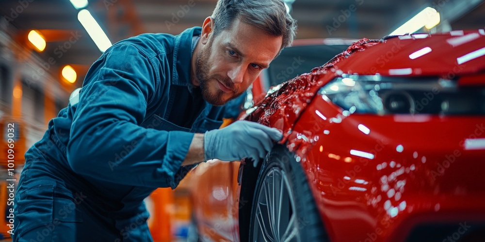 Obraz premium Skilled Auto Body Technician Repairing Dents on a Car Fender in a Workshop