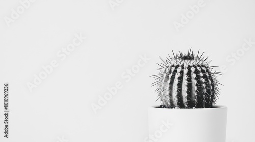 A minimalist black and white image of a cactus in a white pot against a plain background.