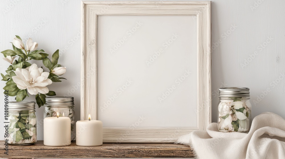 Elegant decor with empty frame, flower, candles on wooden table against white background. Elegant decor with empty frame, flower, candles on wooden table against white background.