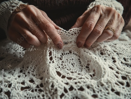 Woman holds crochet doily