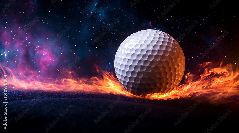 Golf ball surrounded by cosmic flames in a starry backdrop Golf ball surrounded by cosmic flames in a starry backdrop