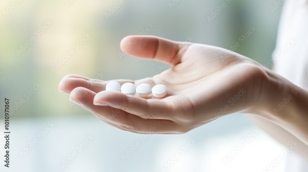 Obraz premium A hand gracefully holds white pills, symbolizing health and wellness in a serene, softly lit setting.