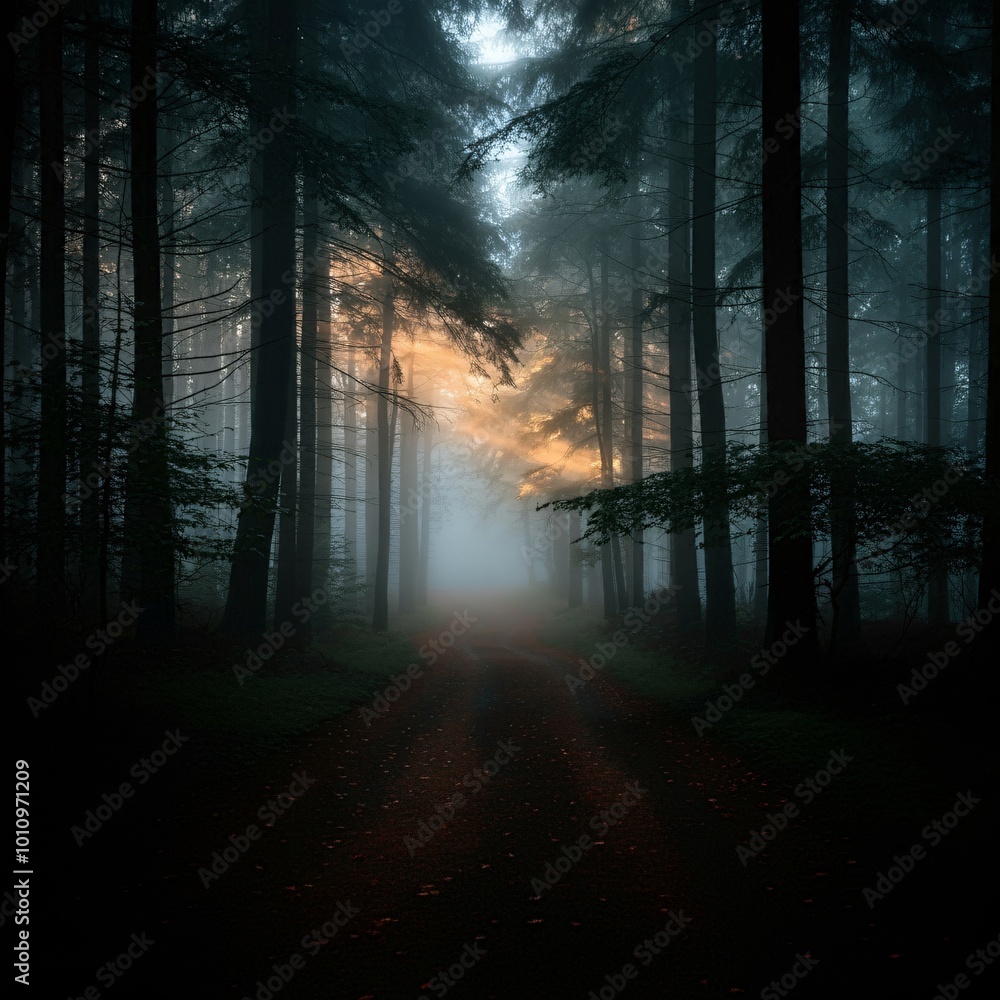 Fototapeta premium Mysterious forest with mist and glowing light
