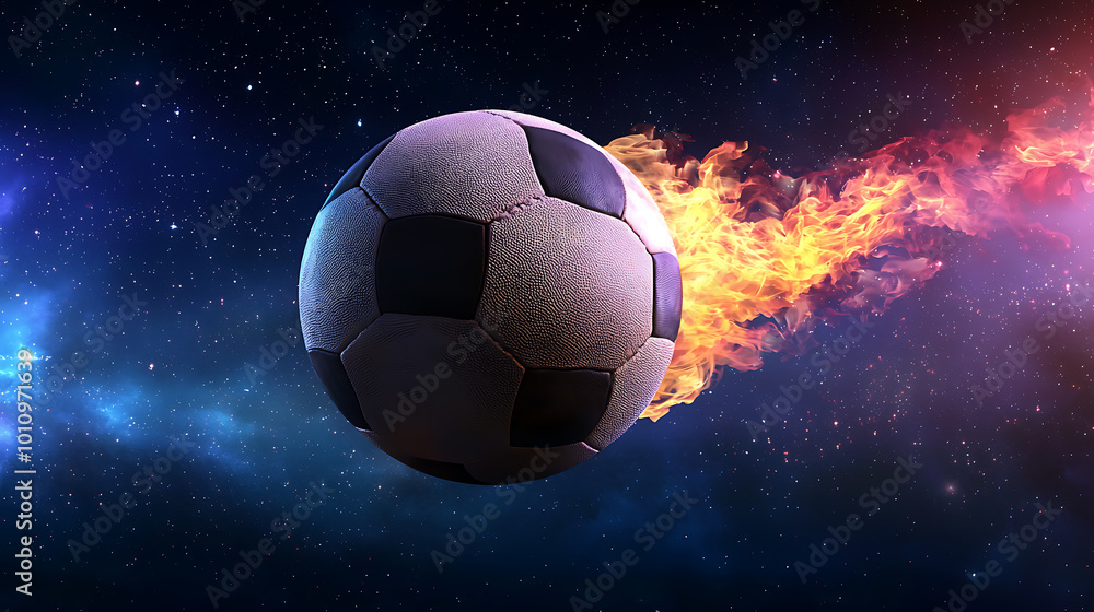 Fototapeta premium Soccer ball soaring through a cosmic fire trail