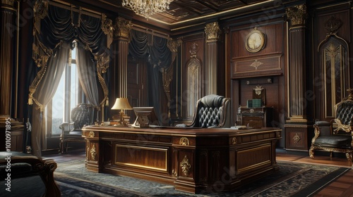 A luxurious home office with regal furnishings, featuring a large wooden desk and an elegant atmosphere of authority. photo