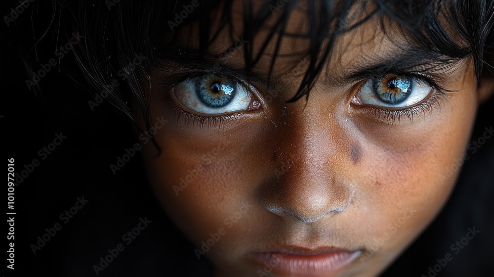 A close-up portrait of a child with striking blue eyes. A close-up portrait of a child with striking blue eyes.