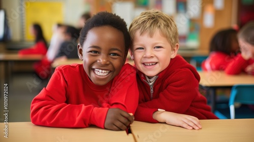 Two young boys in red sweaters sit closely together, joyfully smiling in a classroom setting, representing friendship and youthful camaraderie.