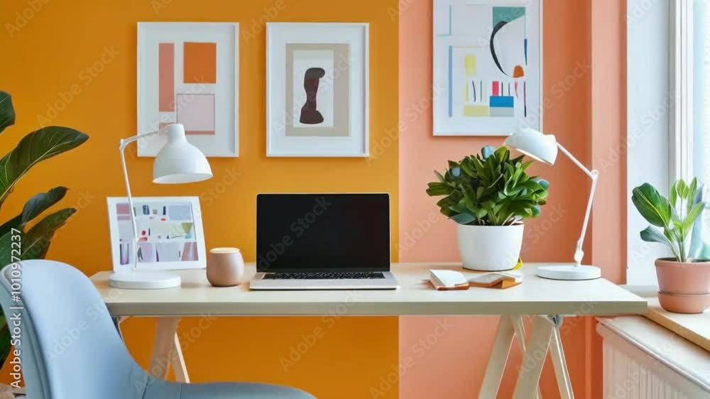 A modern workspace featuring a desk, laptop, plants, and framed art on an orange wall. A modern workspace featuring a desk, laptop, plants, and framed art on an orange wall.