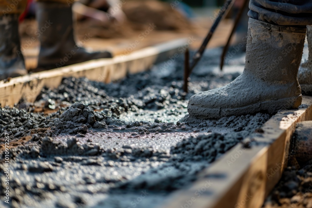Naklejka premium Roughcasting on a Construction Site: Preparing Concrete for Building with Action and Business Concept