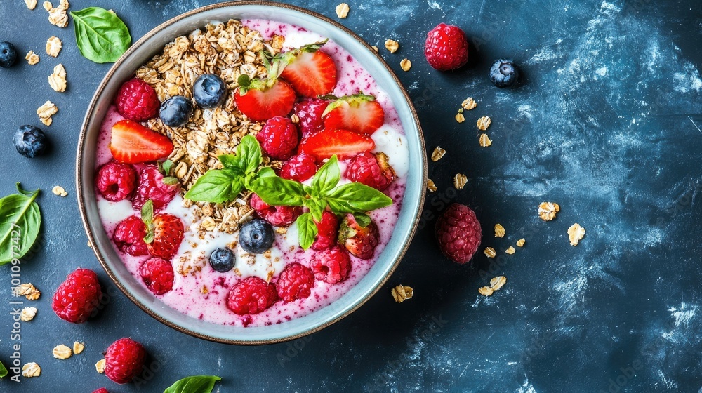 Aerial view of a colorful muesli bowl with granola and fruit, leaving room on the side for copy. Aerial view of a colorful muesli bowl with granola and fruit, leaving room on the side for copy.