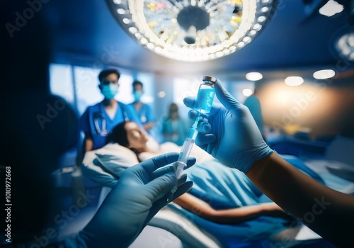 A gloved hand holding a syringe and a vial of liquid, in a sterile environment with a patient in the background.