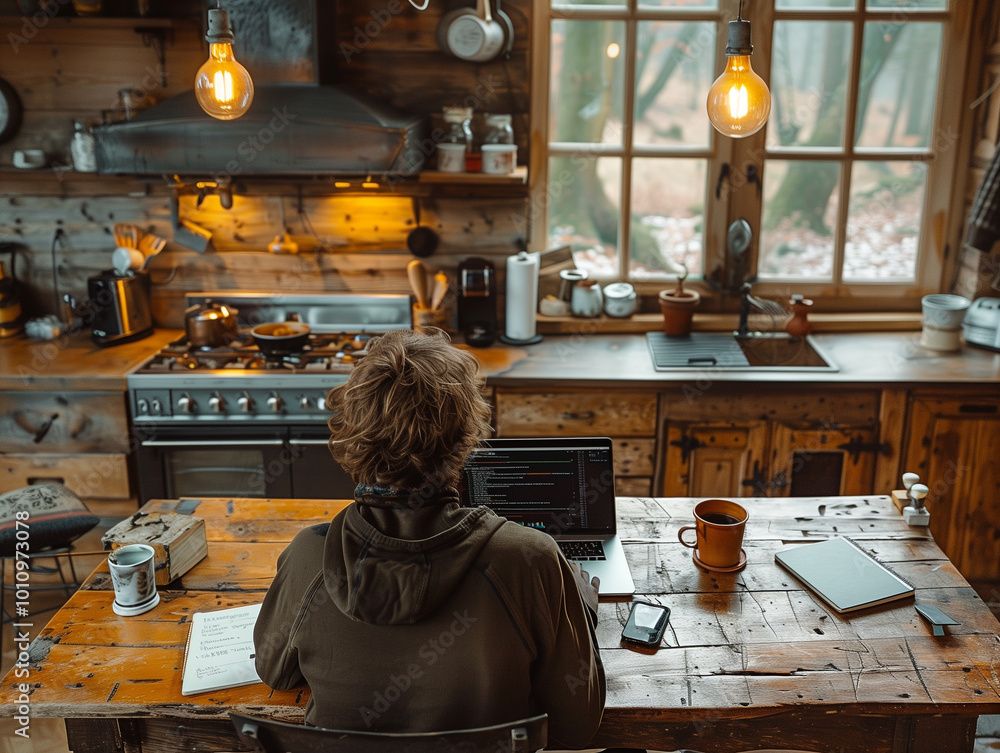 person working in a kitchen on their laptop person working in a kitchen on their laptop