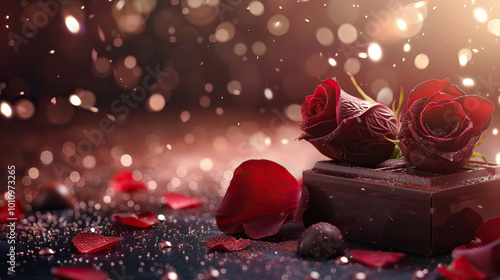 chocolate box and red rose flowers for valentine