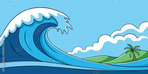 Tsunami Wave Crashing Near Tropical Island.