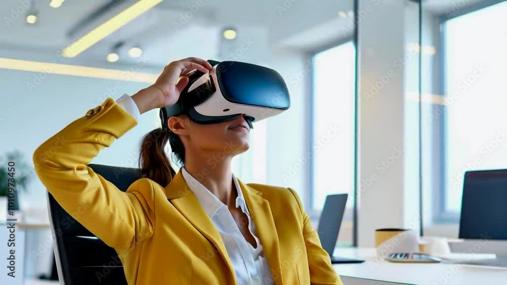 A woman in a yellow blazer using a virtual reality headset in an office setting. A woman in a yellow blazer using a virtual reality headset in an office setting.